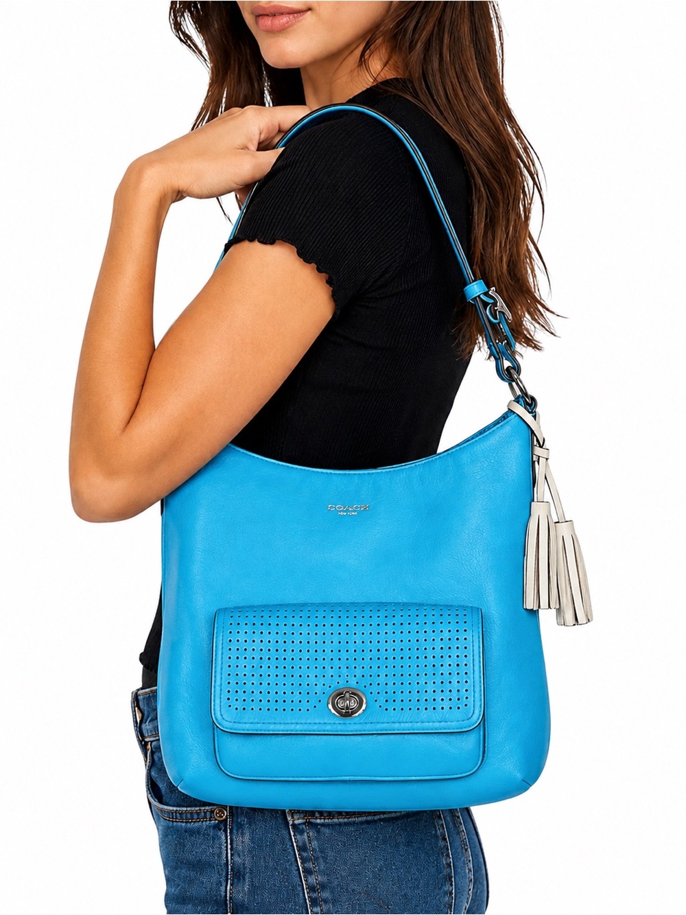 COACH Turquoise Legacy Perforated Leather Courtenay Hobo Bag